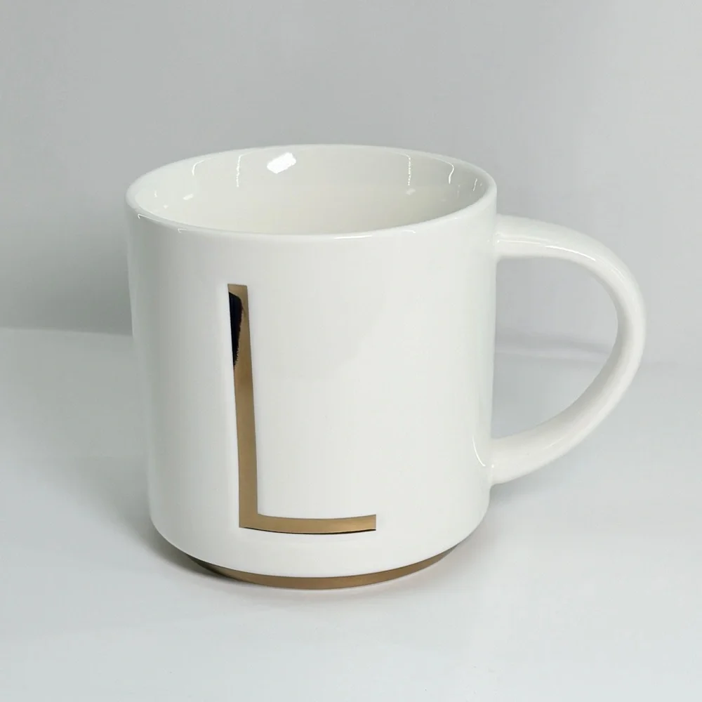 Williams Sonoma White Gold Art Deco Monogrammed “L” Initial Coffee Tea Mug Cup
